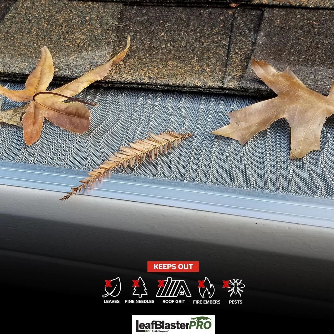 LeafBlasterPRO gutter guard keeps out leaves, pine needles, roof grit, fire embers, and pests